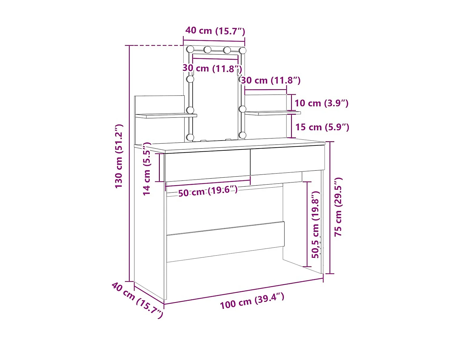 Schminktisch mit LED-Beleuchtung Weiß 100x40x130 cm