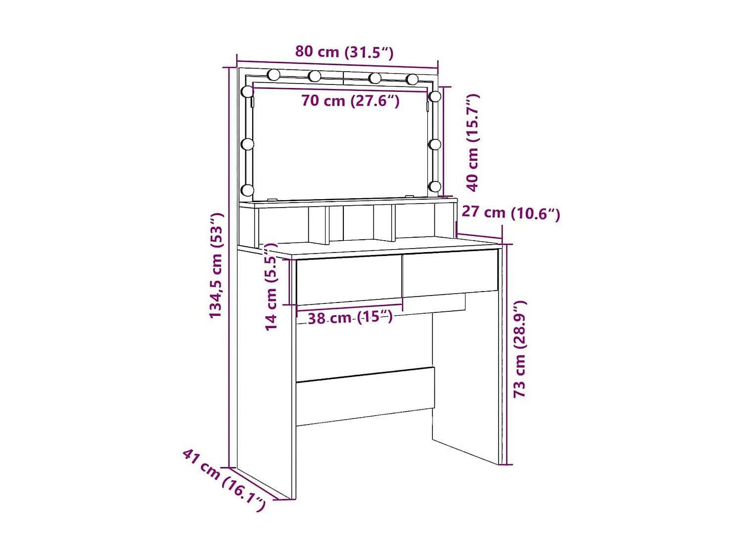 Schminktisch mit LED-Beleuchtung Grau Sonoma 80x41x134,5 cm