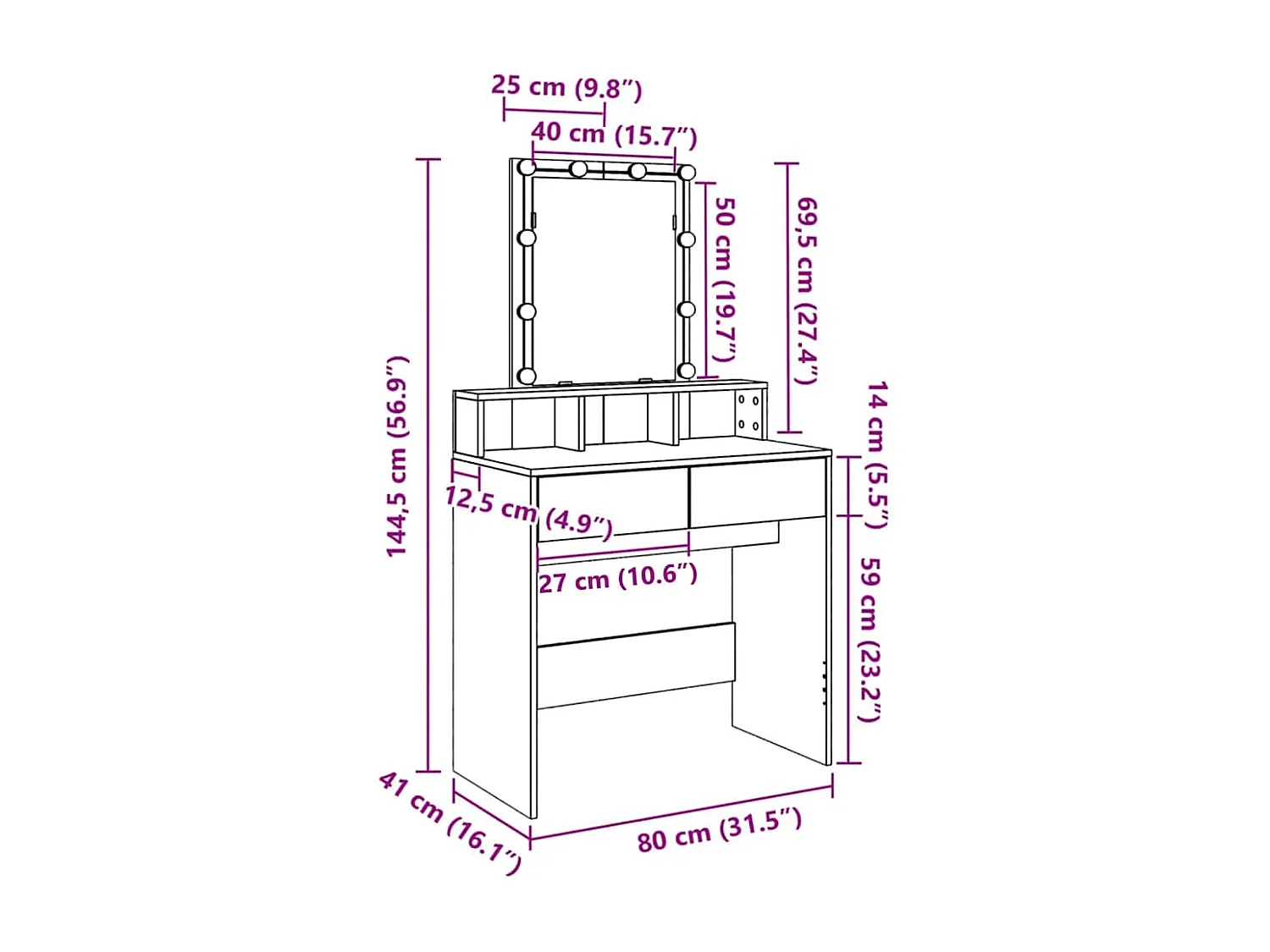 Schminktisch mit LED-Beleuchtung Grau Sonoma 80x41x144,5 cm