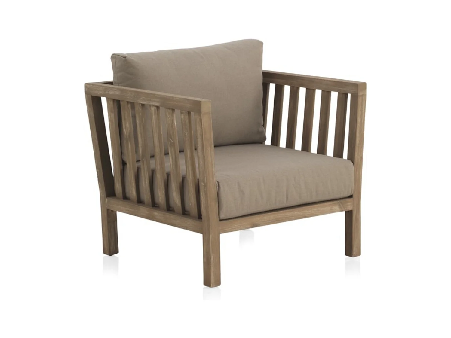 Akazienholzsessel mit taupefarbenen Polstern