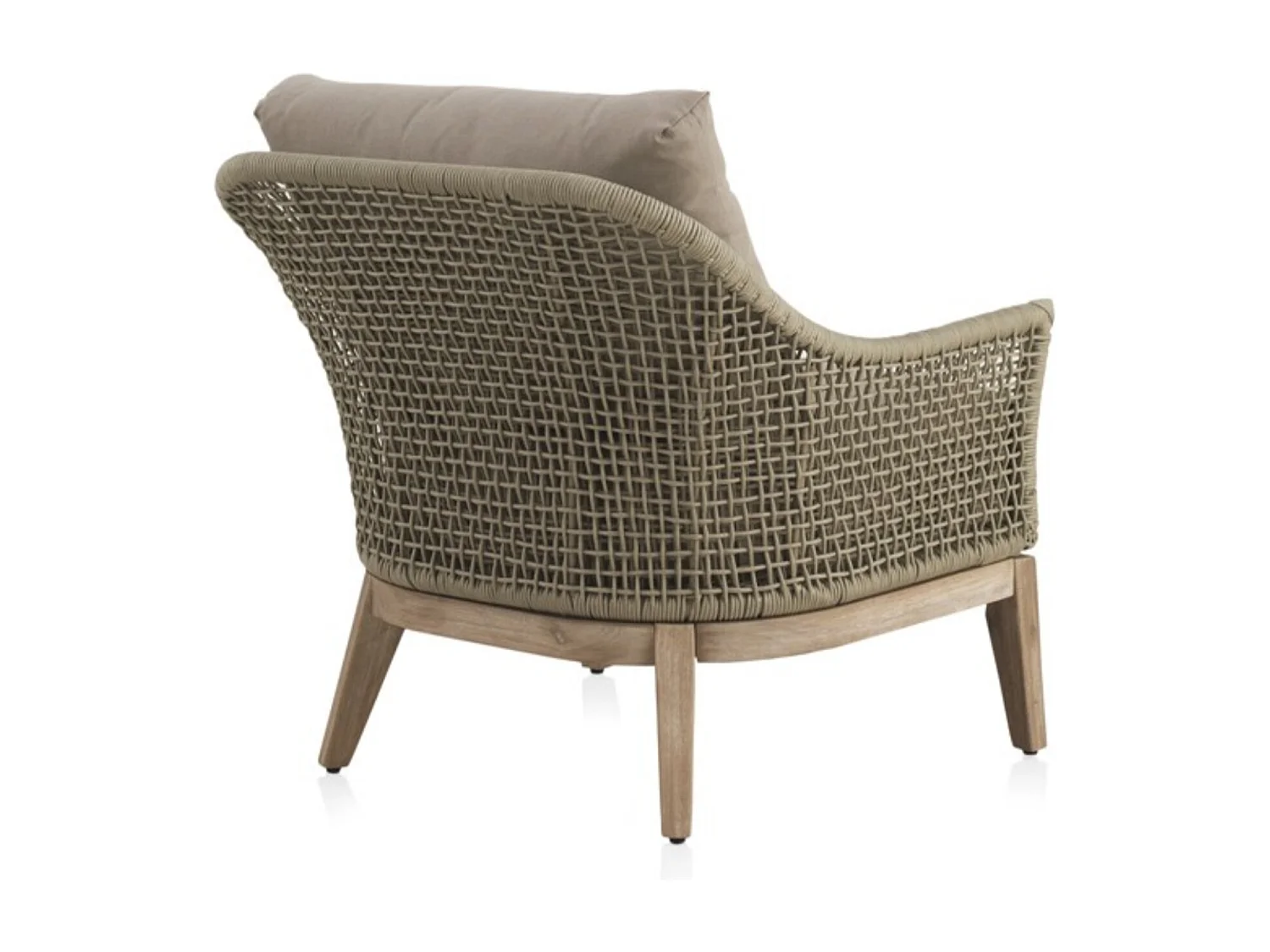 Poltrona in acacia intrecciata con cuscini color tortora