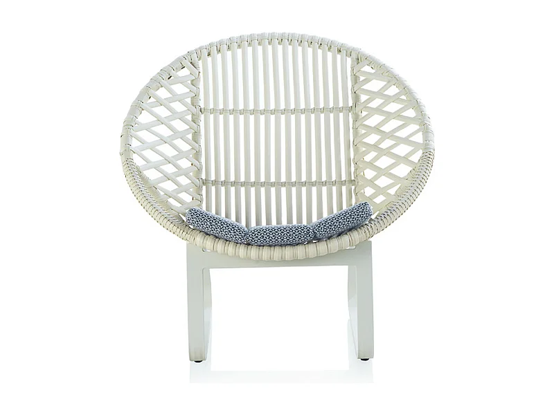 Fauteuil circulaire en aluminium blanc avec coussins bleus