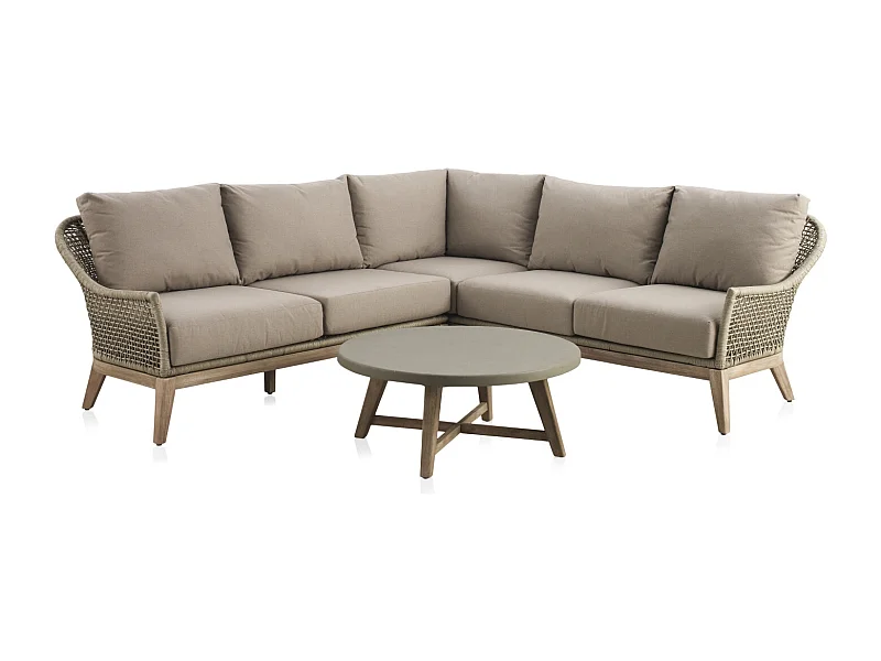 3-tlg Akazienholz-Lounge mit Seilgeflecht und taupefarben Kissen