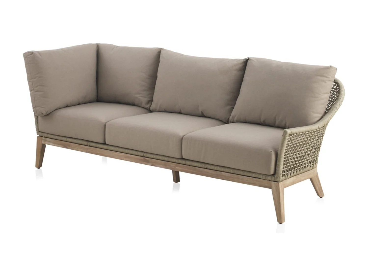 Lounge de 3 peças em madeira de acácia, corda entrançada e almofadas taupe