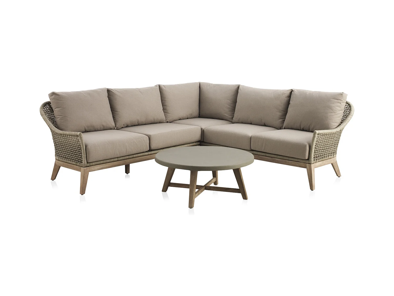 Salon 3 pièces en bois d'acacia, tressage de corde et coussins taupe
