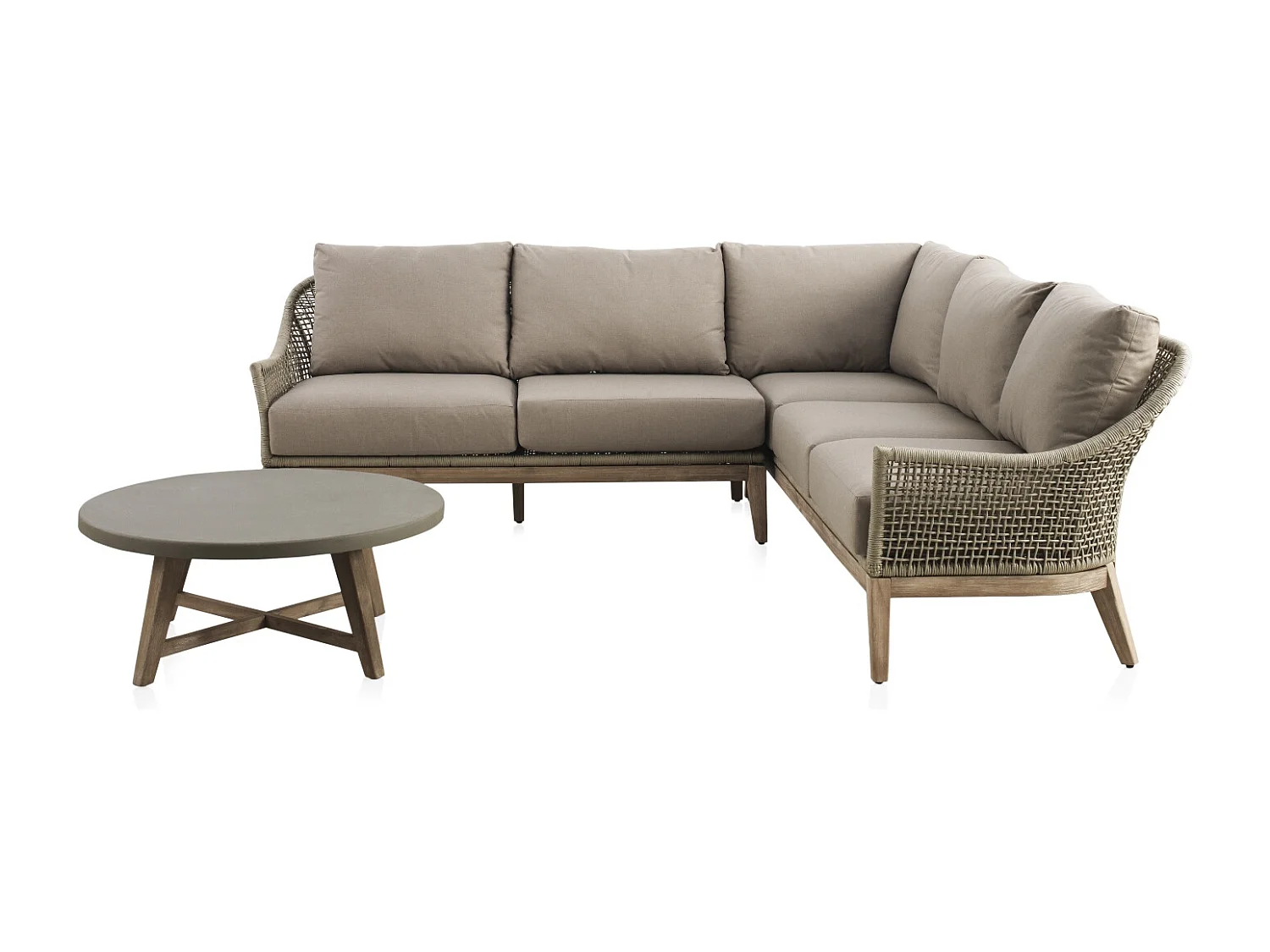 Salón de 3 piezas en madera de acacia, cuerda trenzada y cojines color topo