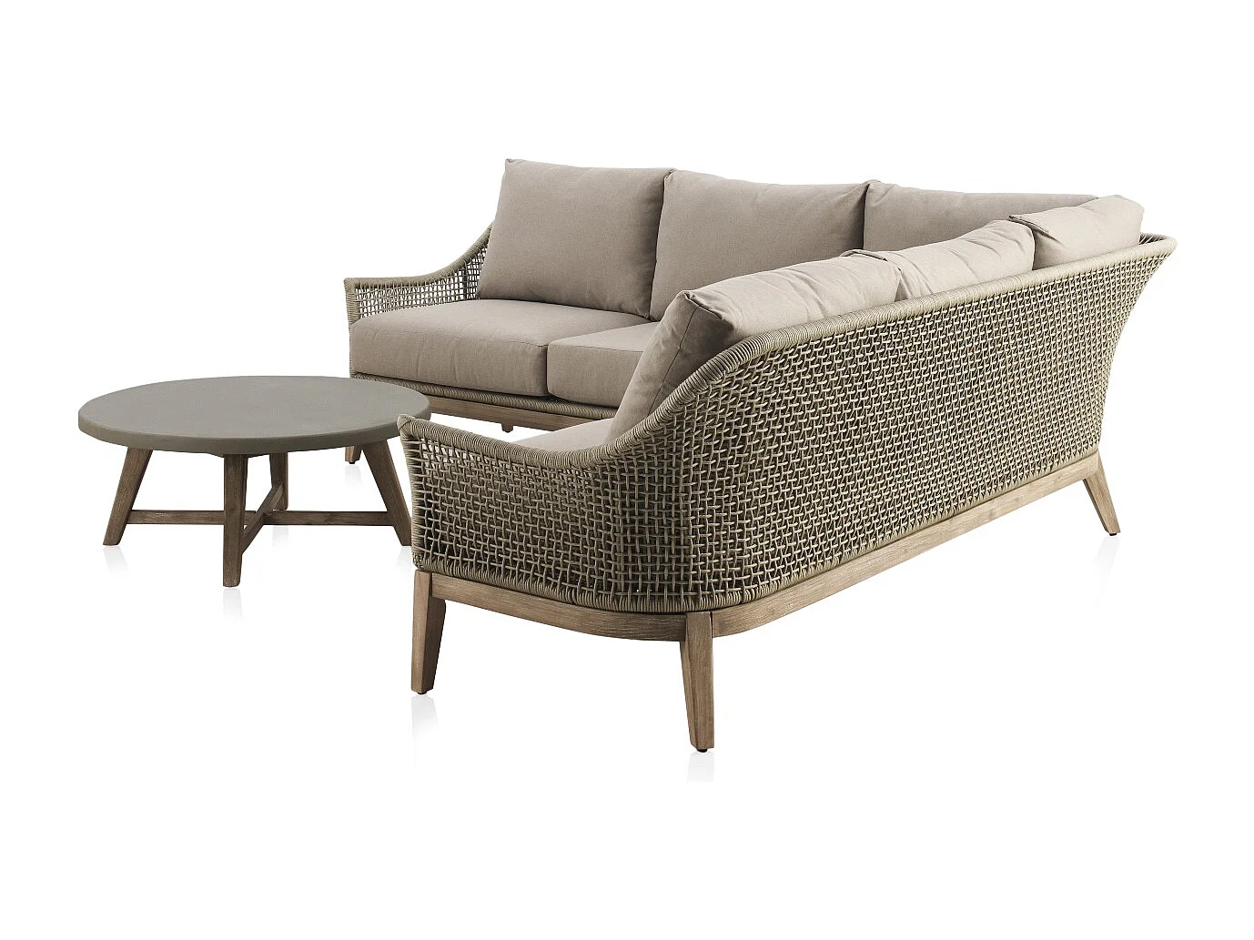 Salón de 3 piezas en madera de acacia, cuerda trenzada y cojines color topo