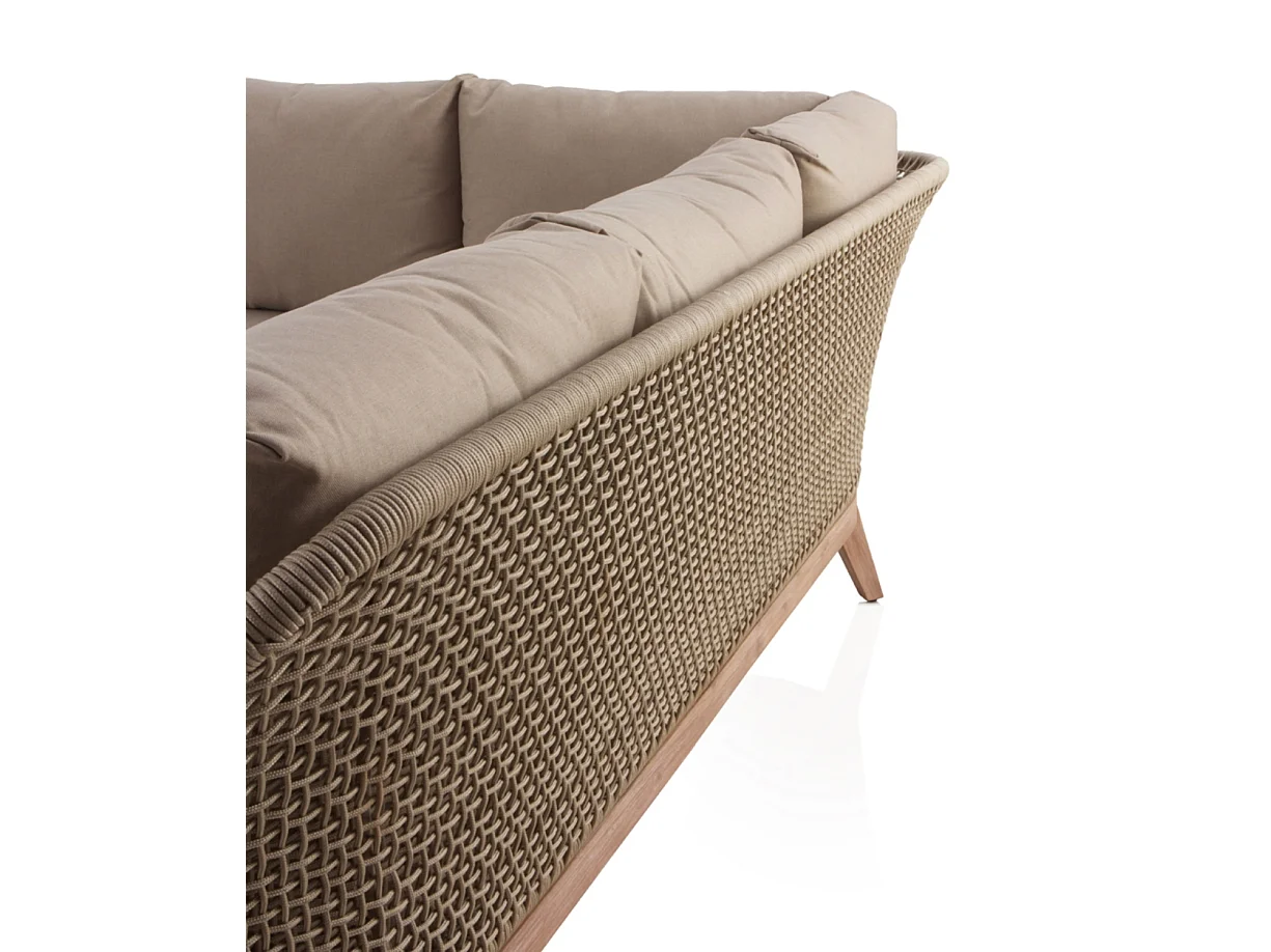 Salón de 3 piezas en madera de acacia, cuerda trenzada y cojines color topo