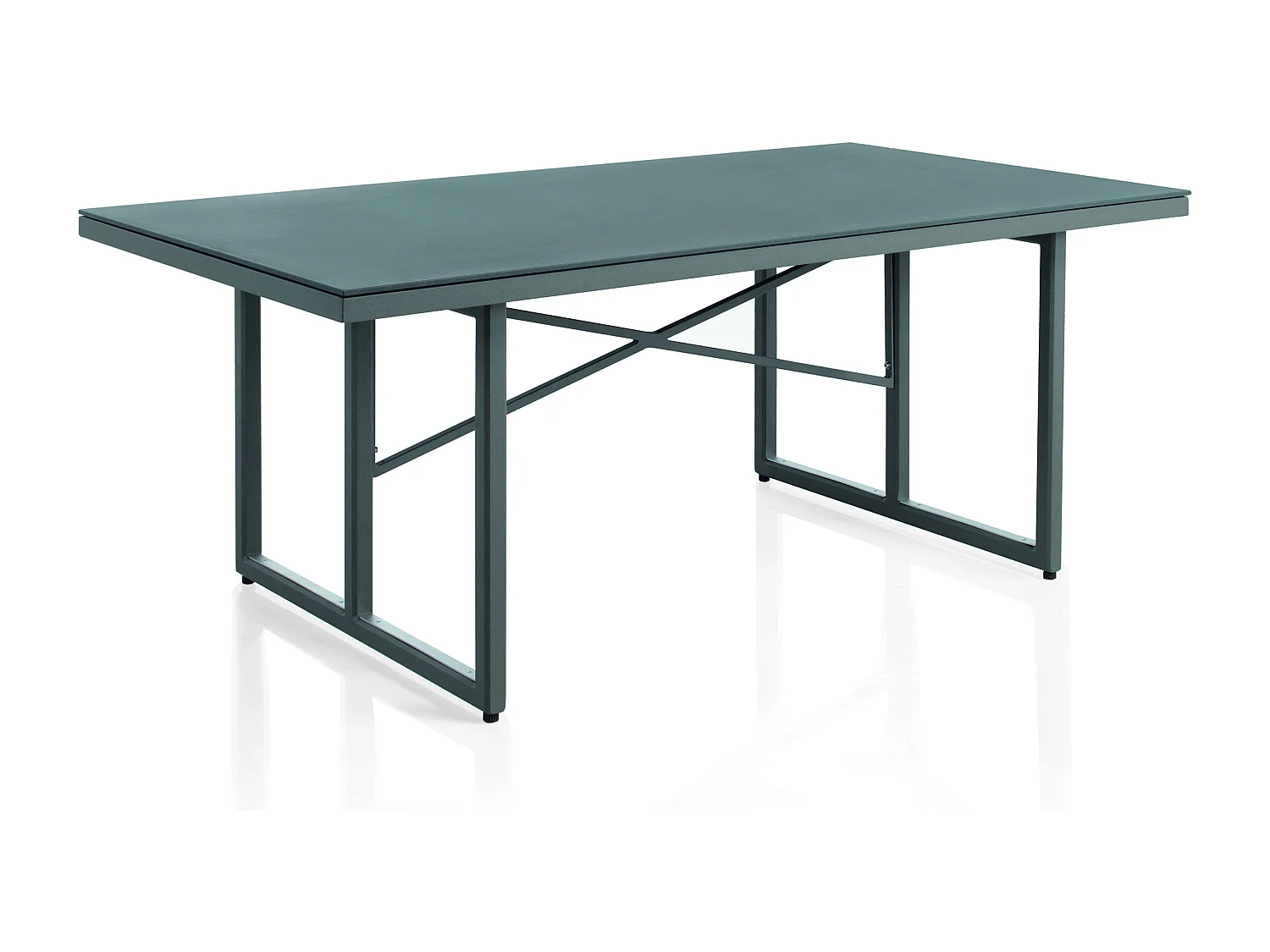 Mesa de aluminio gris topo con tablero de cristal templado efecto piedra gris topo 180x100 cm
