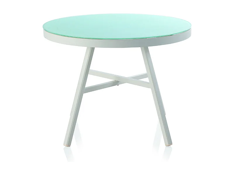 Mesa redonda de aluminio blanco con tapa de cristal templado diámetro 100 cm