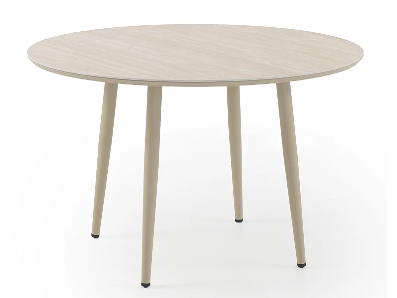 Runder Tisch aus Aluminium mit Keramikplatte aus Travertin