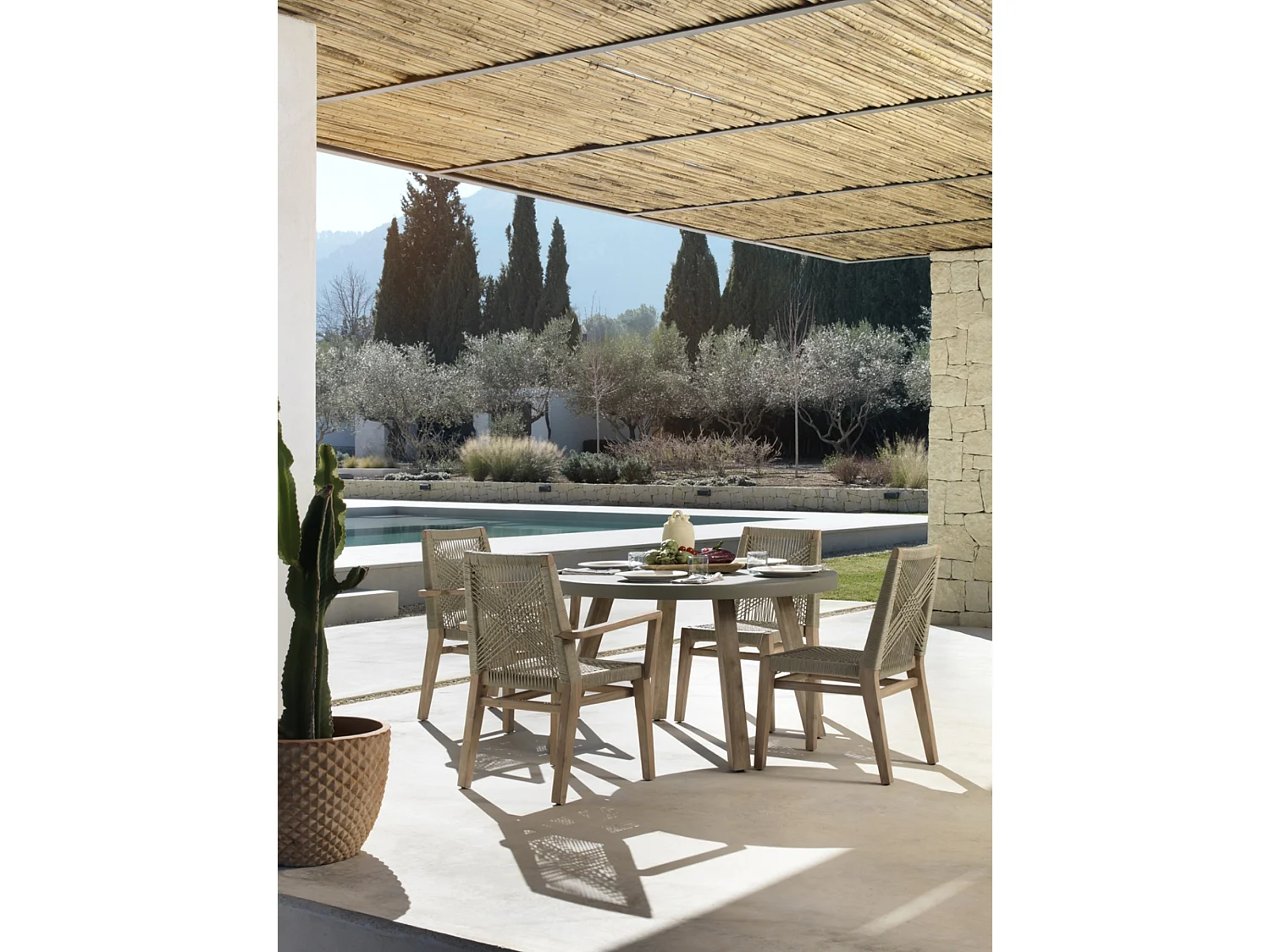 Lote de 4 sillones de acacia color topo con cuerda trenzada