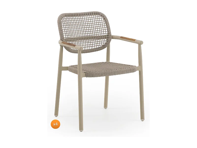 Packung mit 4 Aluminiumsesseln mit sandfarbenem Seilgeflecht