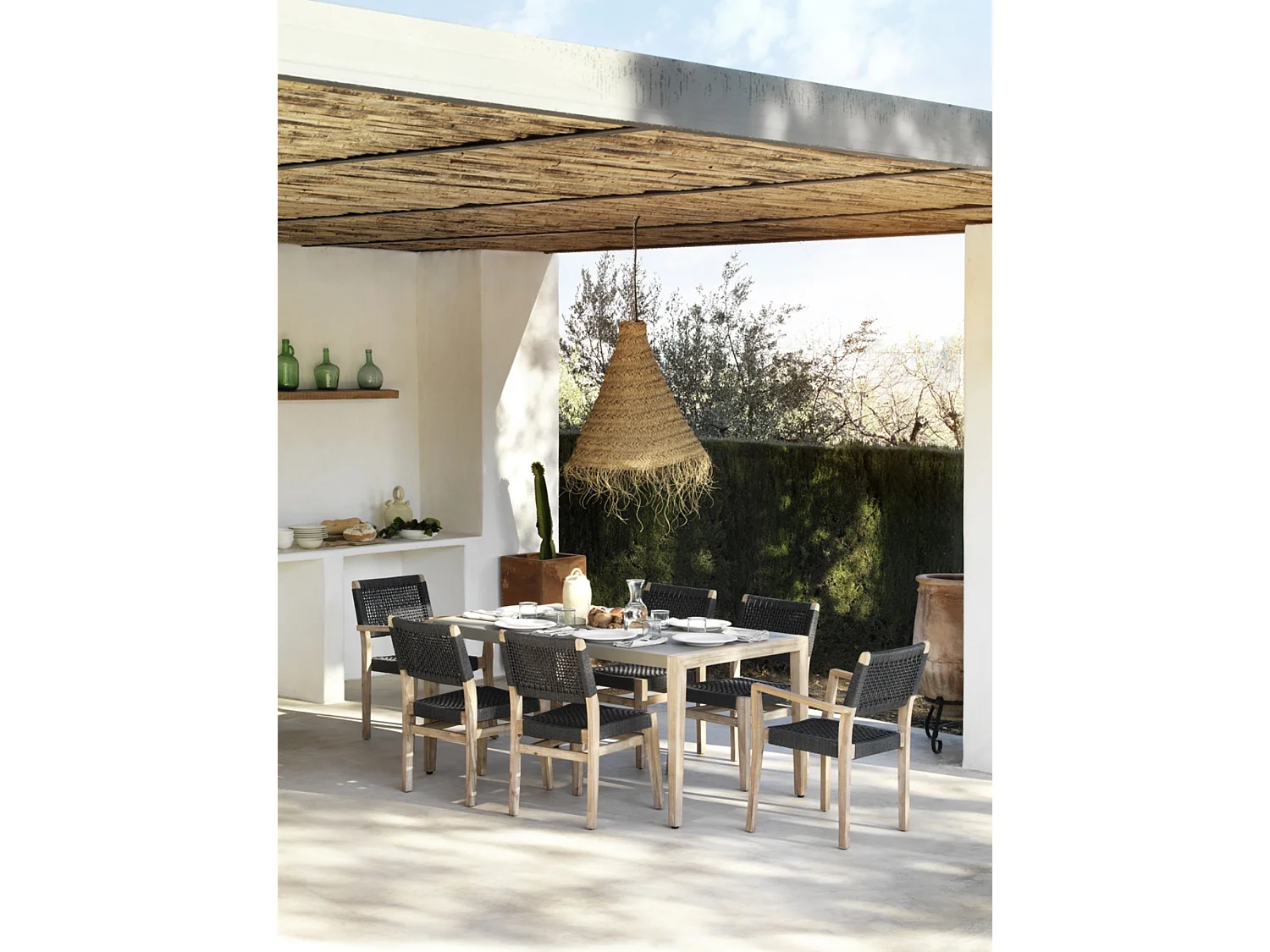 Lot de 4 fauteuils en acacia avec cordage tressé gris