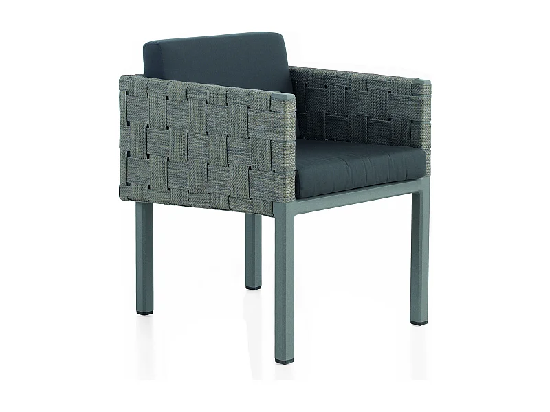 Lot de 4 fauteuils en aluminium et fibre Fifertex taupe, coussins noirs