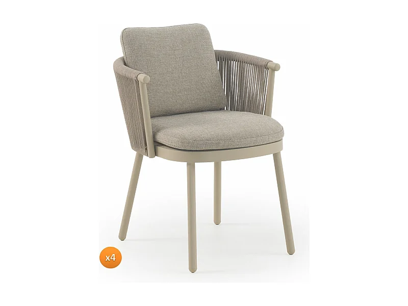 Lot de 4 fauteuils en aluminium avec corde tressée couleur sable