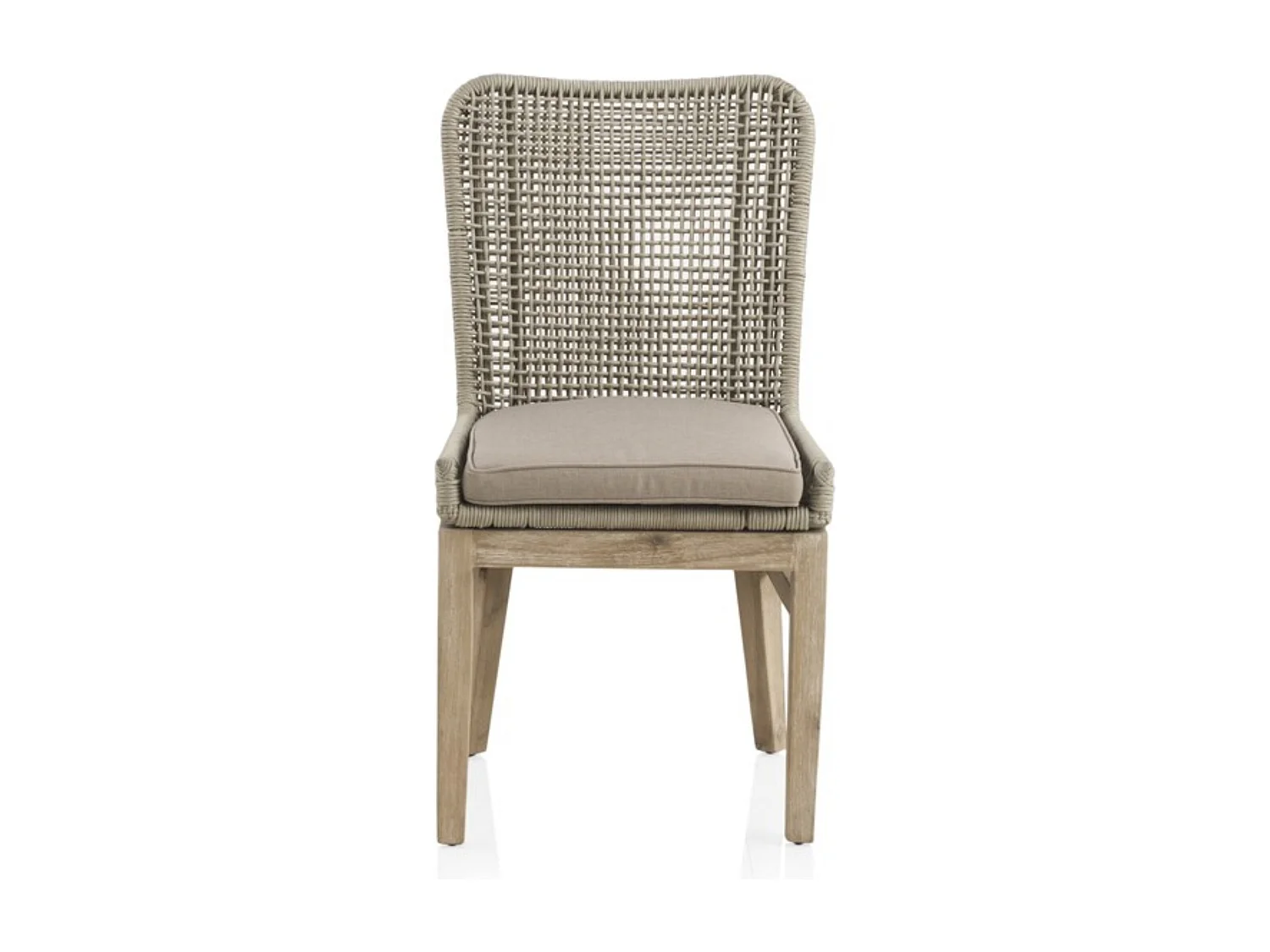 Lote de 4 sillones de acacia con trenzado de cuerda y cojines color topo