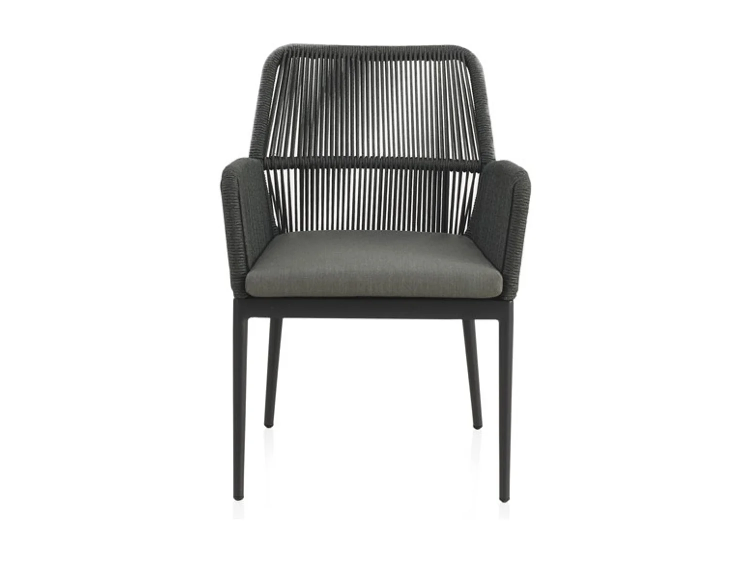 Set van 4 grijze aluminium fauteuils met groen gevlochten touw