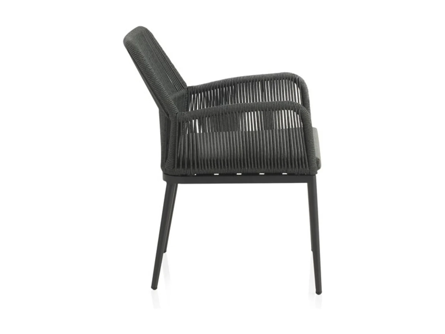 Set van 4 grijze aluminium fauteuils met groen gevlochten touw