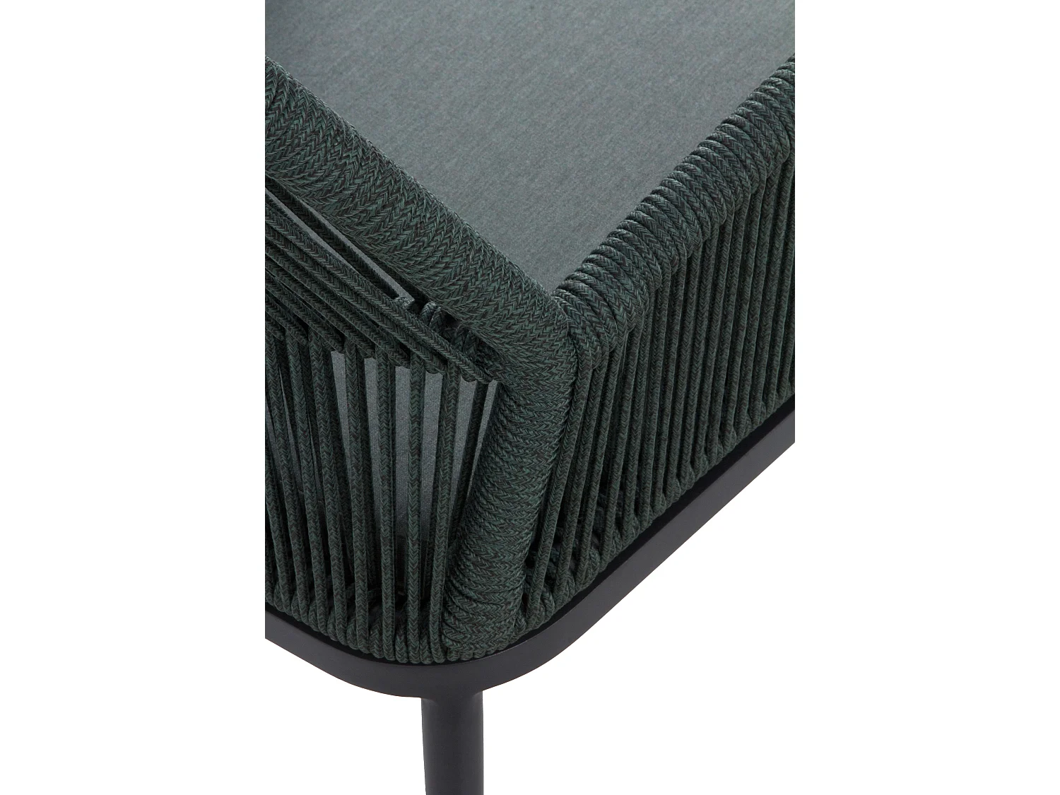 Set van 4 grijze aluminium fauteuils met groen gevlochten touw