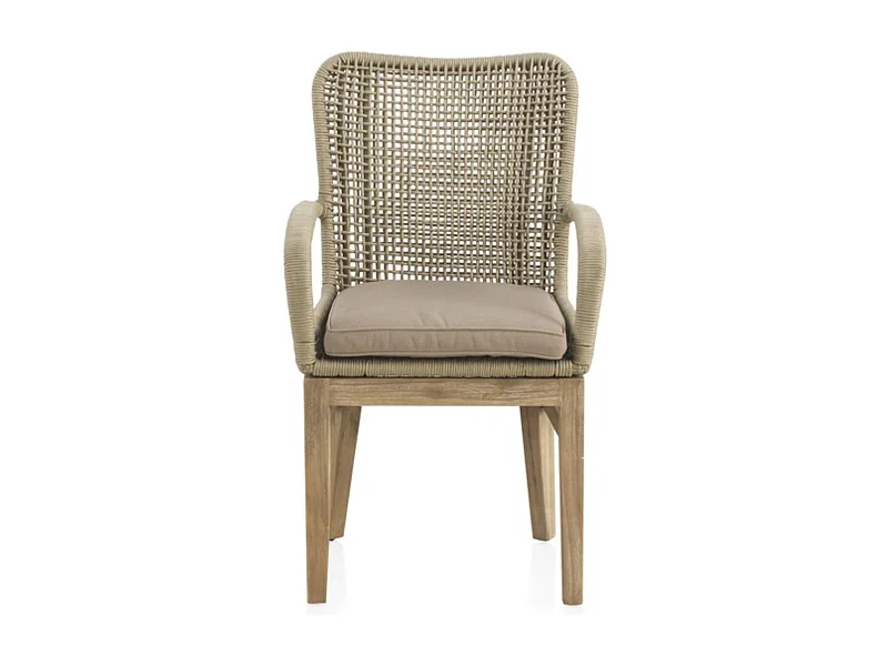 Pacote de 4 cadeirões de madeira de acácia com entrançado de corda e almofadas taupe