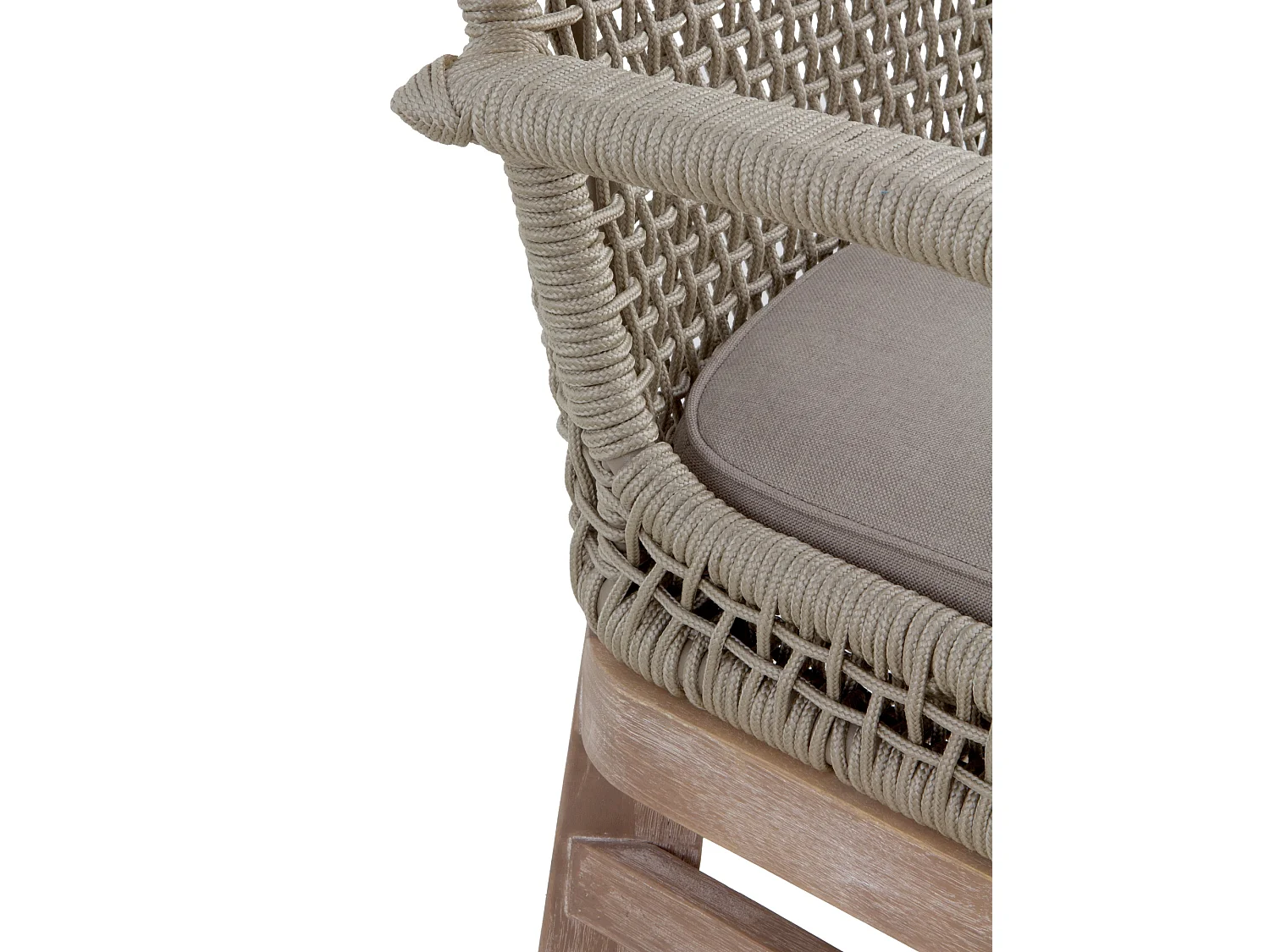 Set di 4 poltrone in legno di acacia con intreccio in corda e cuscini color tortora