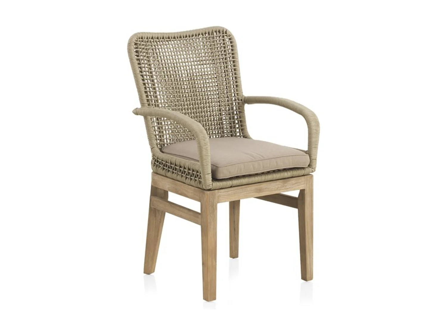 Lot de 4 fauteuils en bois d'acacia avec cordage tressé et coussin taupe