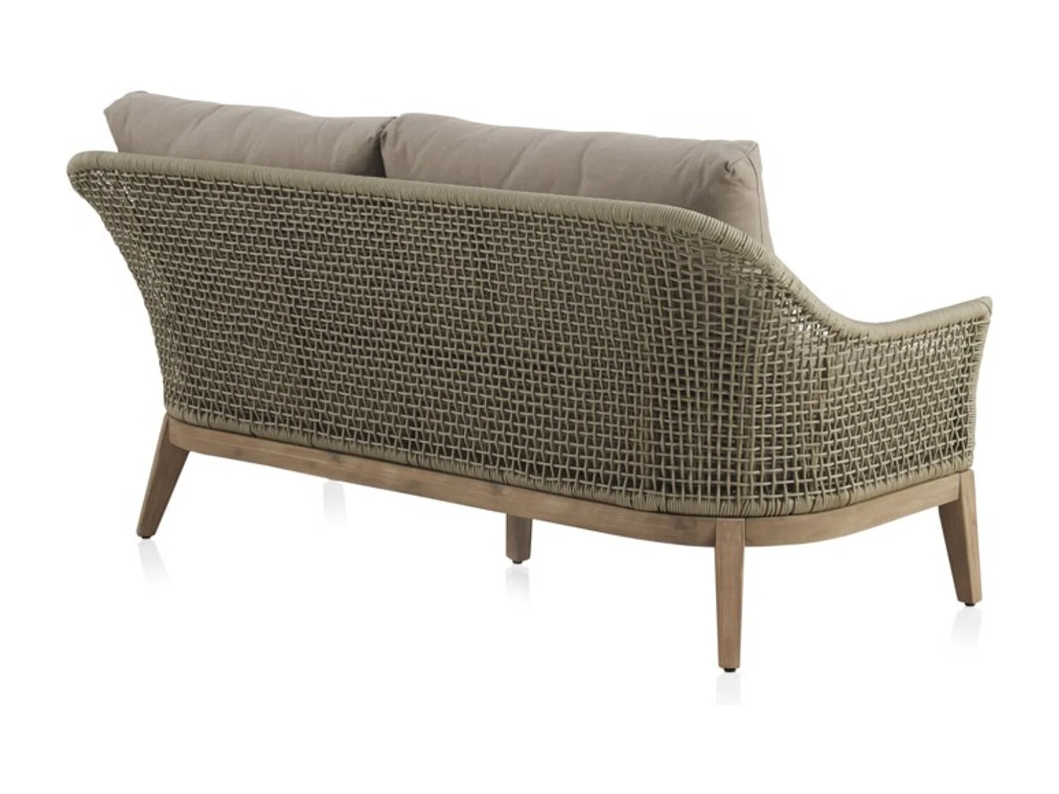 Sofá em acácia tecida com almofadas em taupe