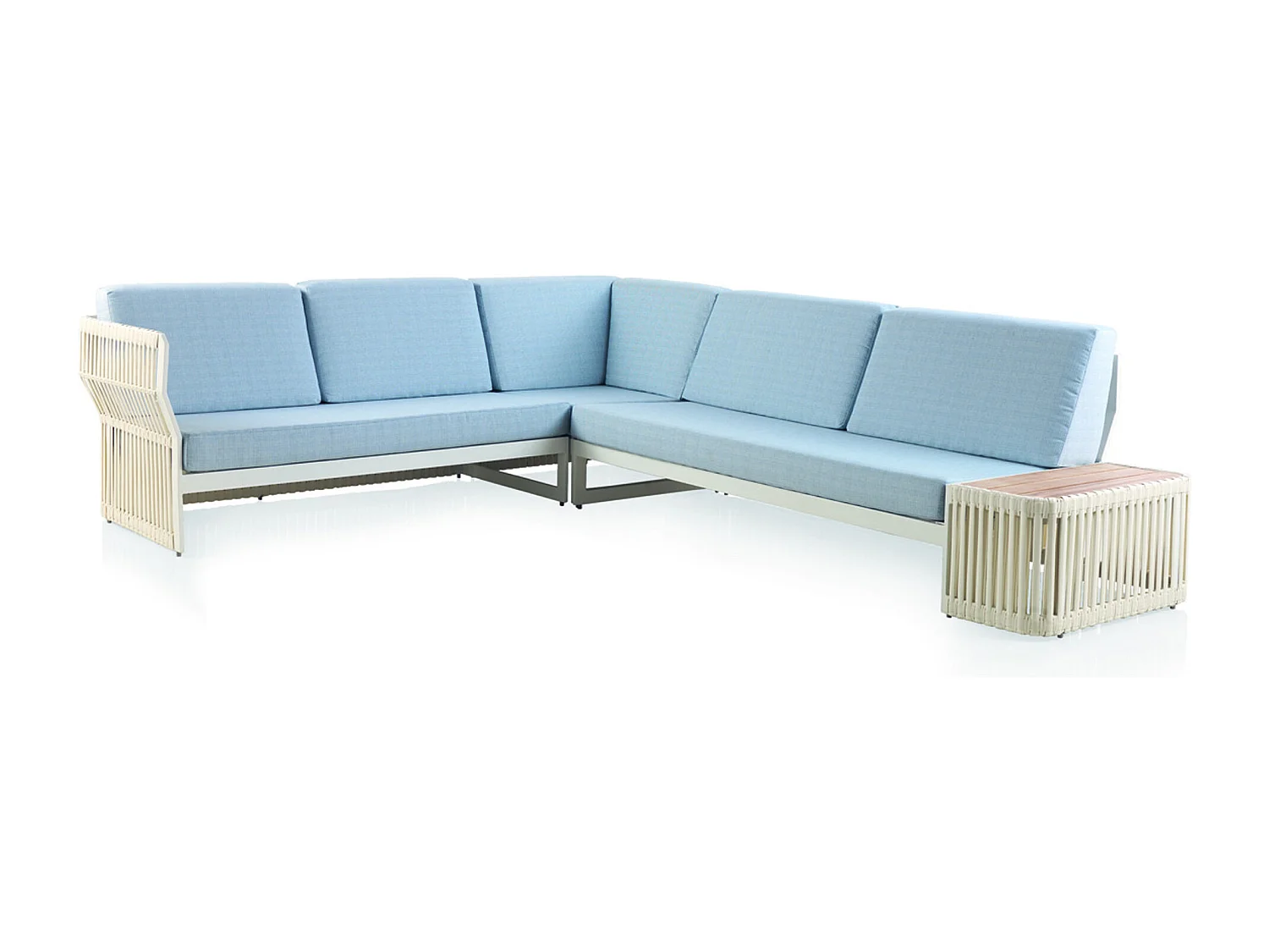 Canapé avec table d'appoint teck, aluminium blanc, coussins bleus