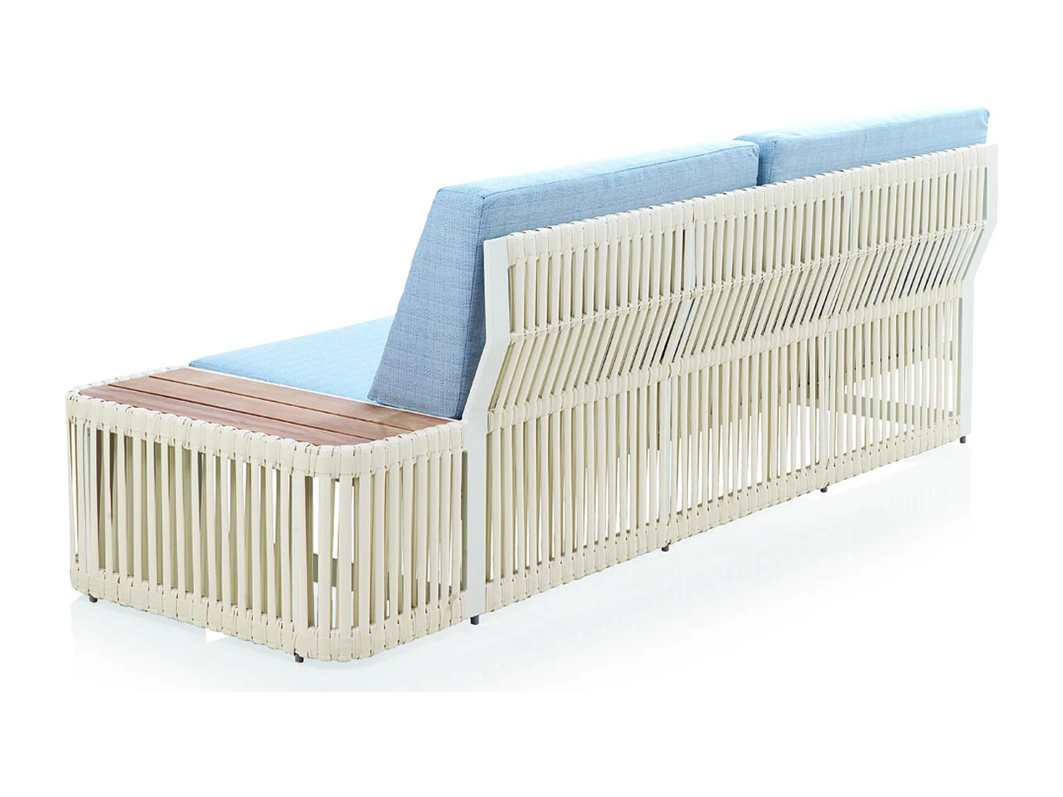 Canapé avec table d'appoint teck, aluminium blanc, coussins bleus