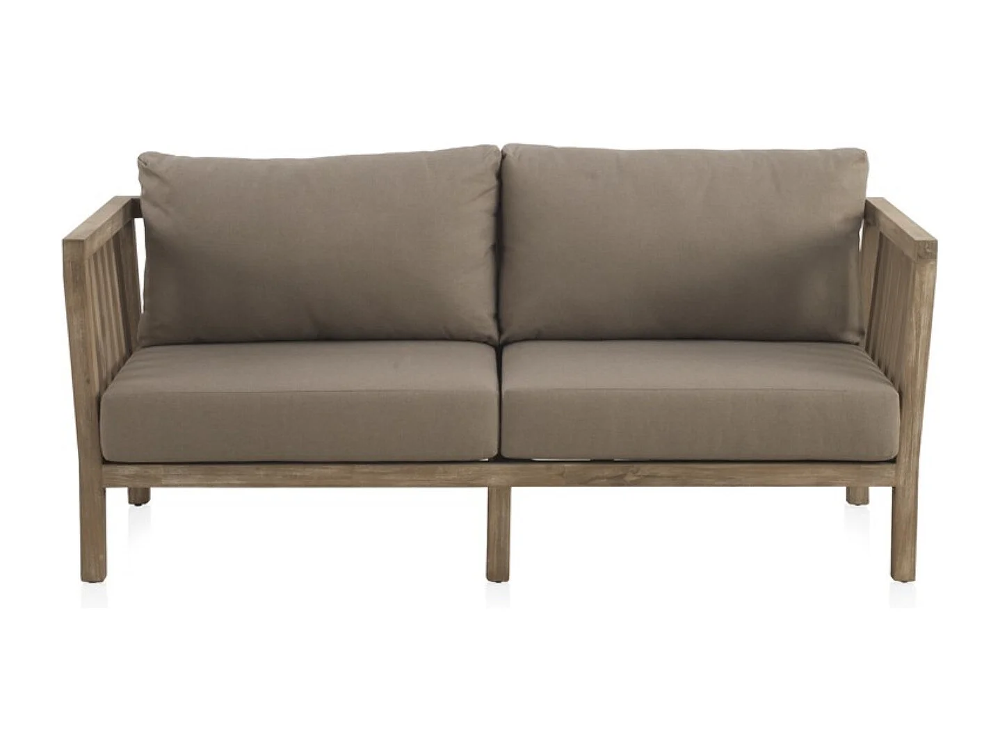 Akazienholzsofa mit taupefarbenen Kissen und taupefarbenen Kissen