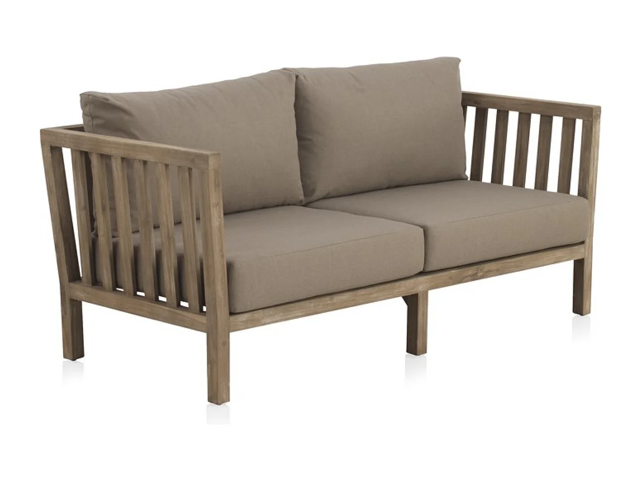 Akazienholzsofa mit taupefarbenen Kissen und taupefarbenen Kissen