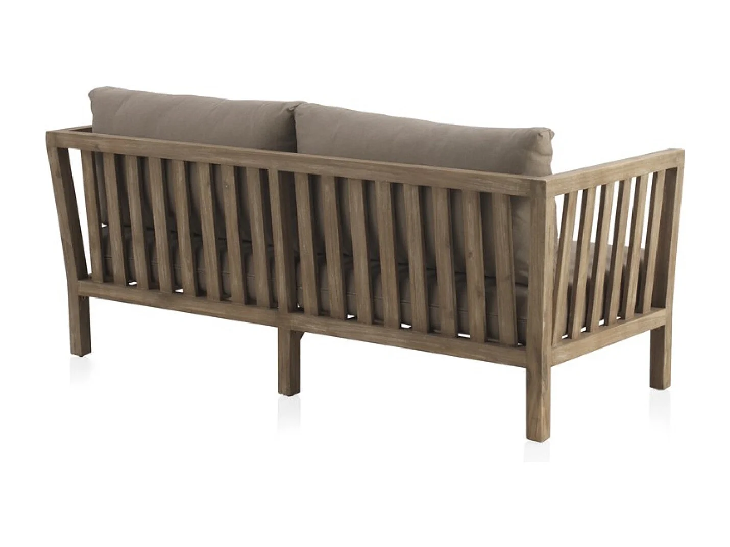 Akazienholzsofa mit taupefarbenen Kissen und taupefarbenen Kissen