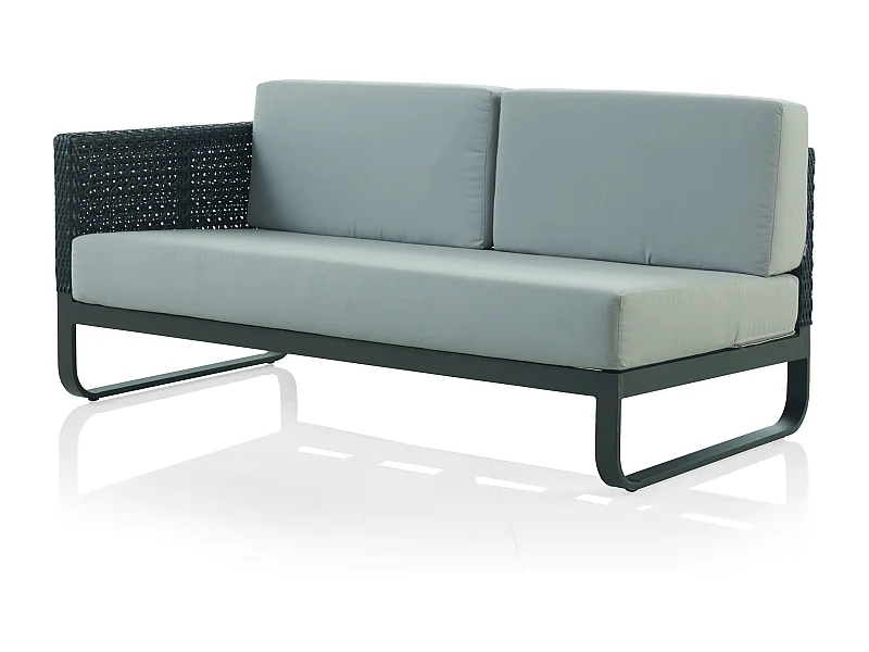 Divano a 2 posti con braccio destro in alluminio marrone e cuscini grigi