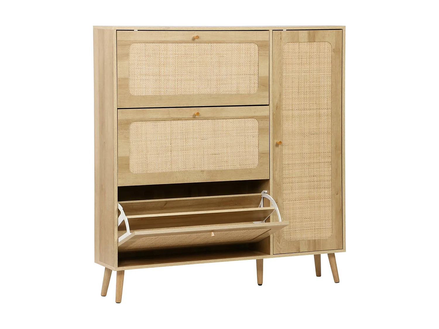 Meuble à chaussure cannage Bohème naturel. 3 tiroirs. 1 porte. 21 paires. 120 x 24 x 125 cm