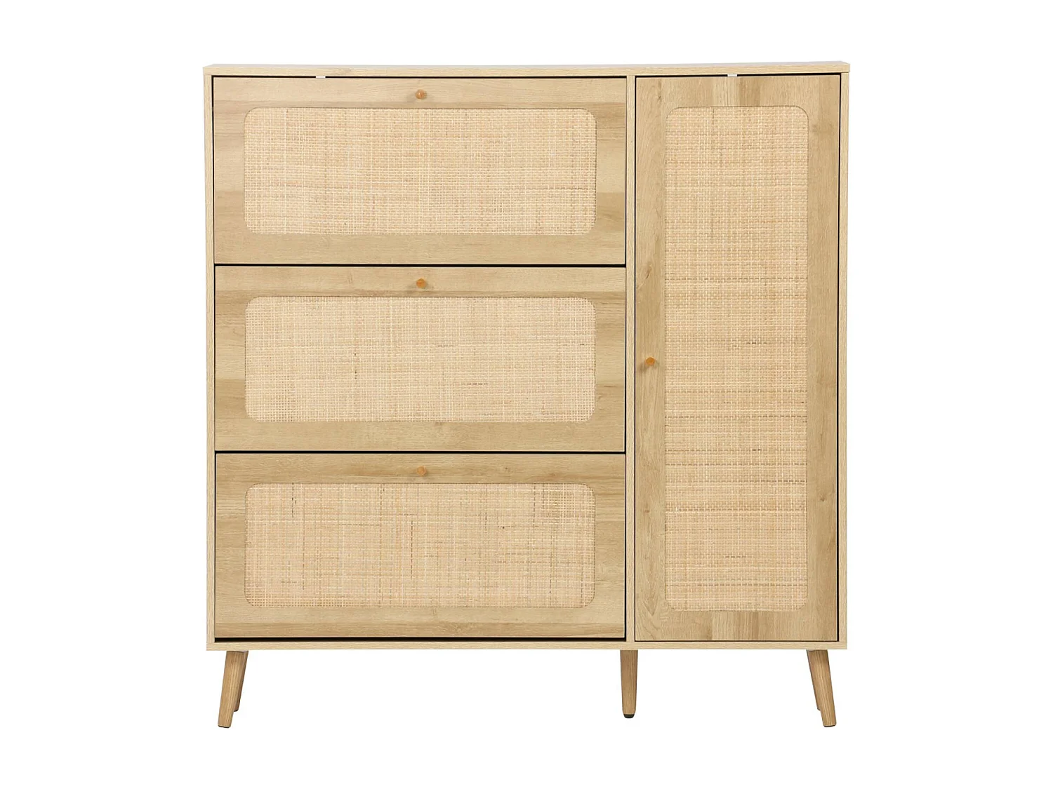 Meuble à chaussure cannage Bohème naturel. 3 tiroirs. 1 porte. 21 paires. 120 x 24 x 125 cm