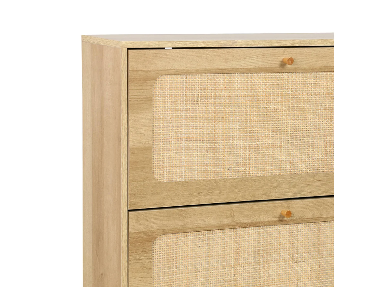 Meuble à chaussure cannage Bohème naturel. 3 tiroirs. 1 porte. 21 paires. 120 x 24 x 125 cm