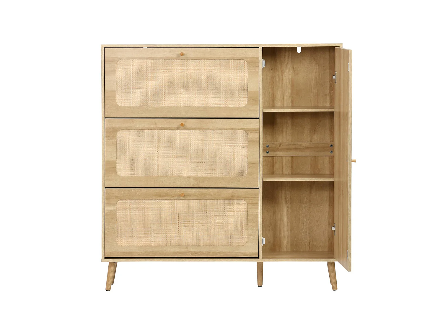 Scarpiera con decoro in legno e canna, 3 ante, marrone naturale