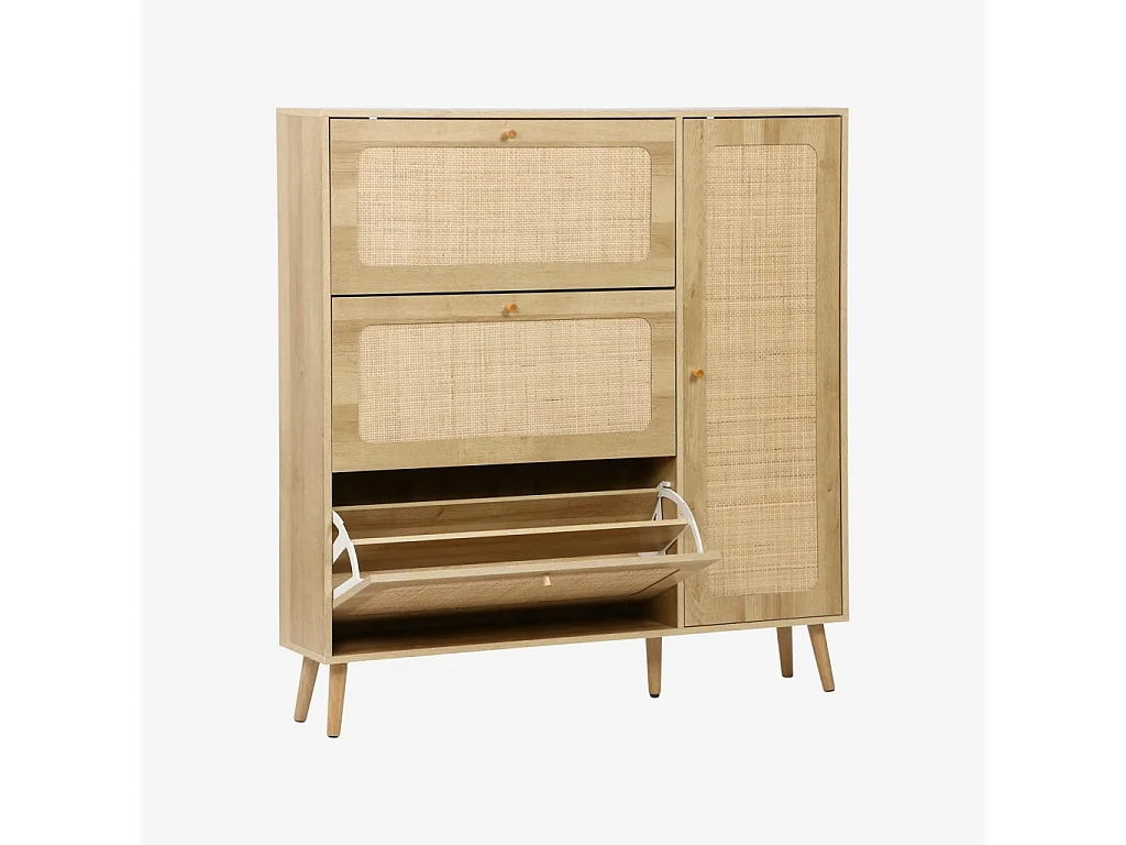 Scarpiera con decoro in legno e canna, 3 ante, marrone naturale