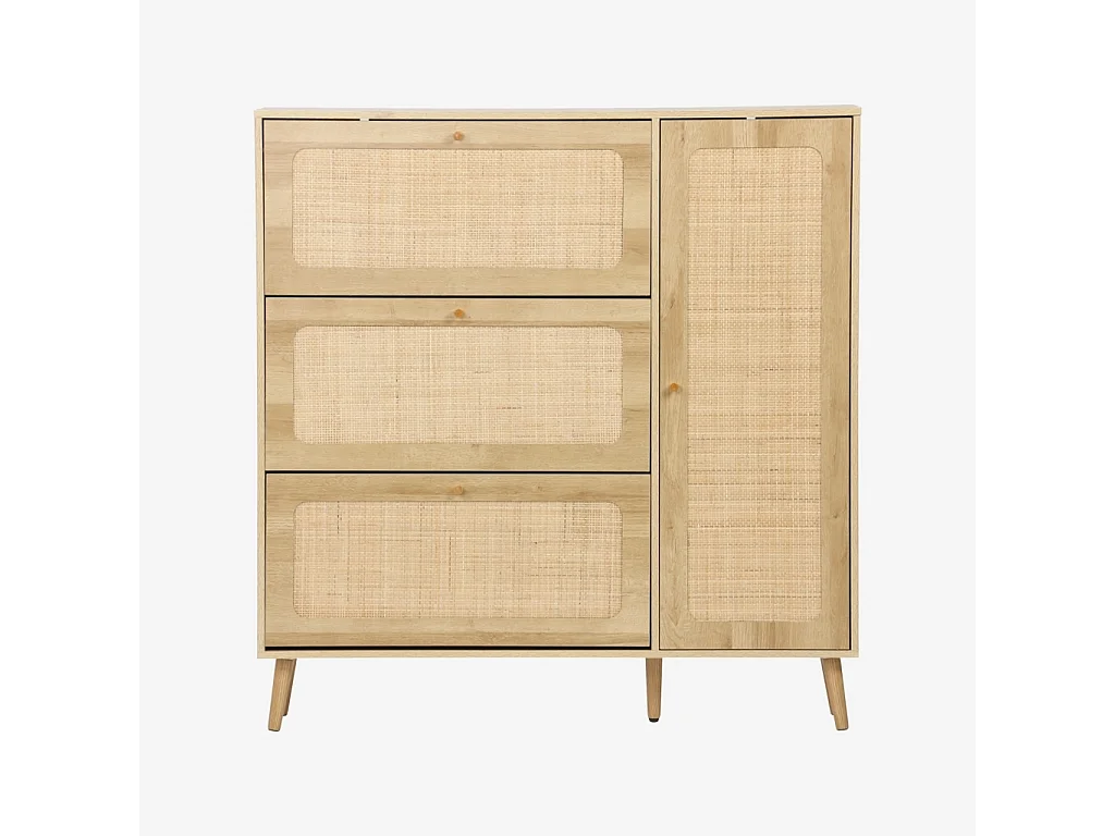 Scarpiera con decoro in legno e canna, 3 ante, marrone naturale
