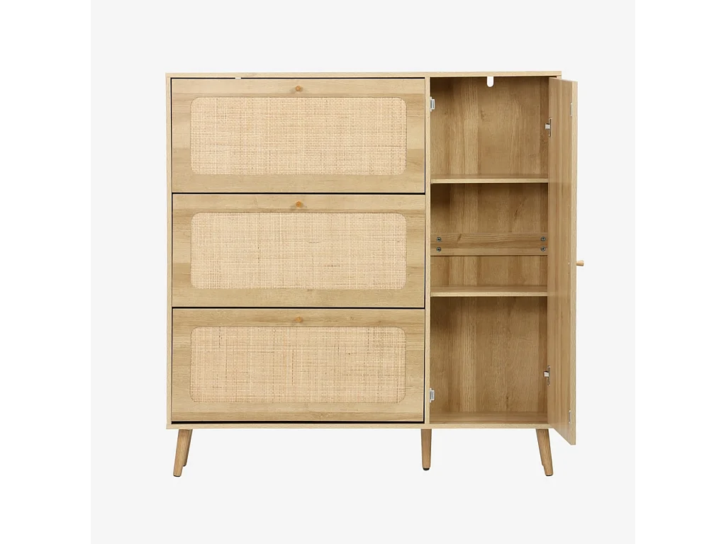 Scarpiera con decoro in legno e canna, 3 ante, marrone naturale