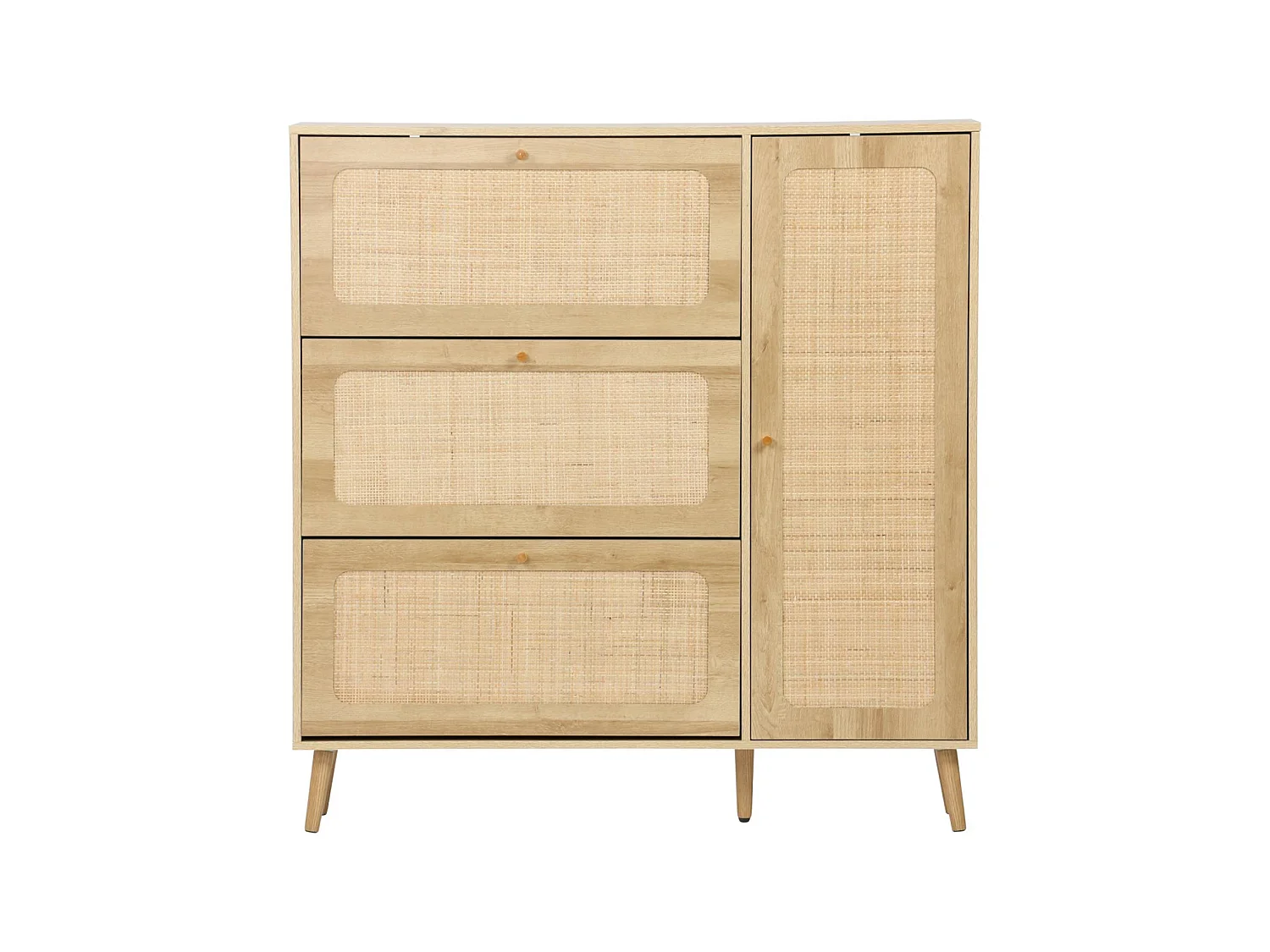 Scarpiera con decoro in legno e canna, 3 ante, marrone naturale