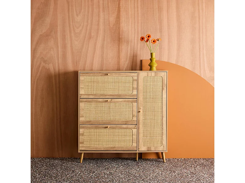 Scarpiera con intreccio 3 cassetti, marrone naturale