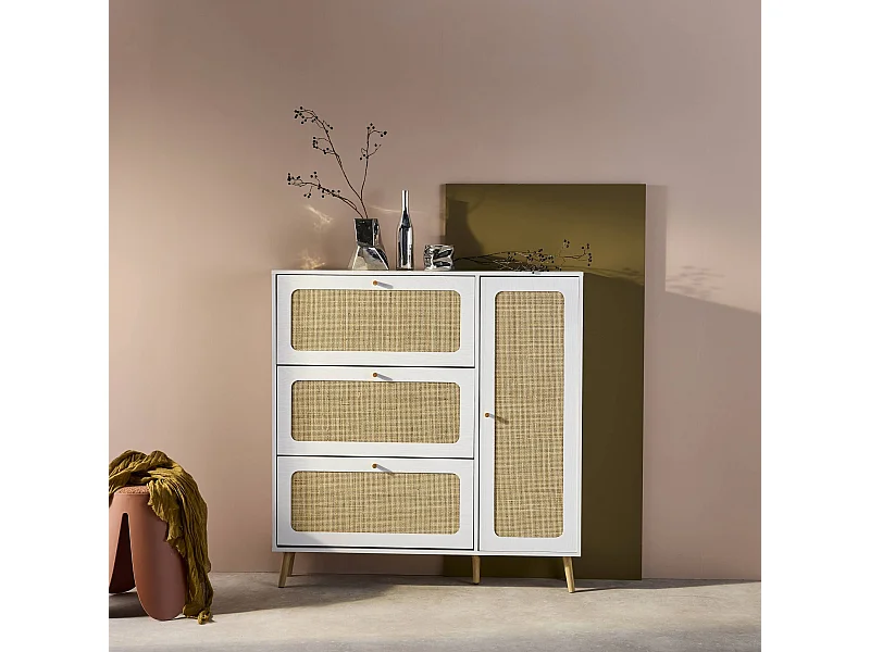 Scarpiera con intreccio 3 cassetti, bianco sporco