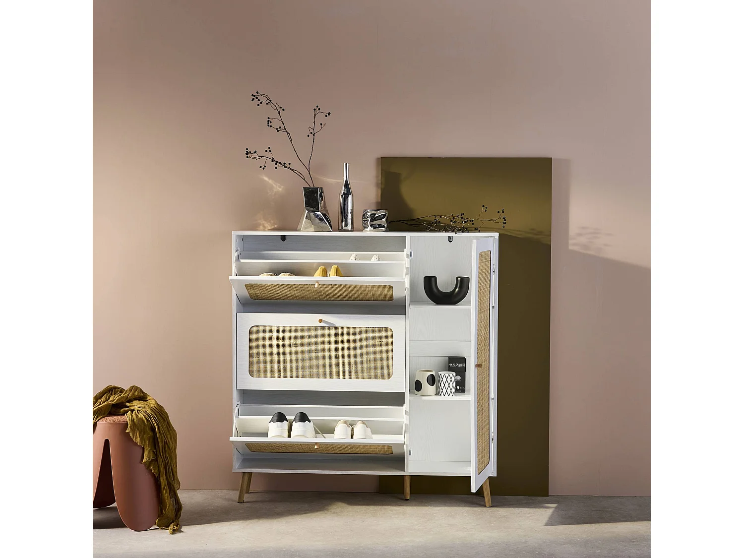 Scarpiera con intreccio 3 cassetti, bianco sporco