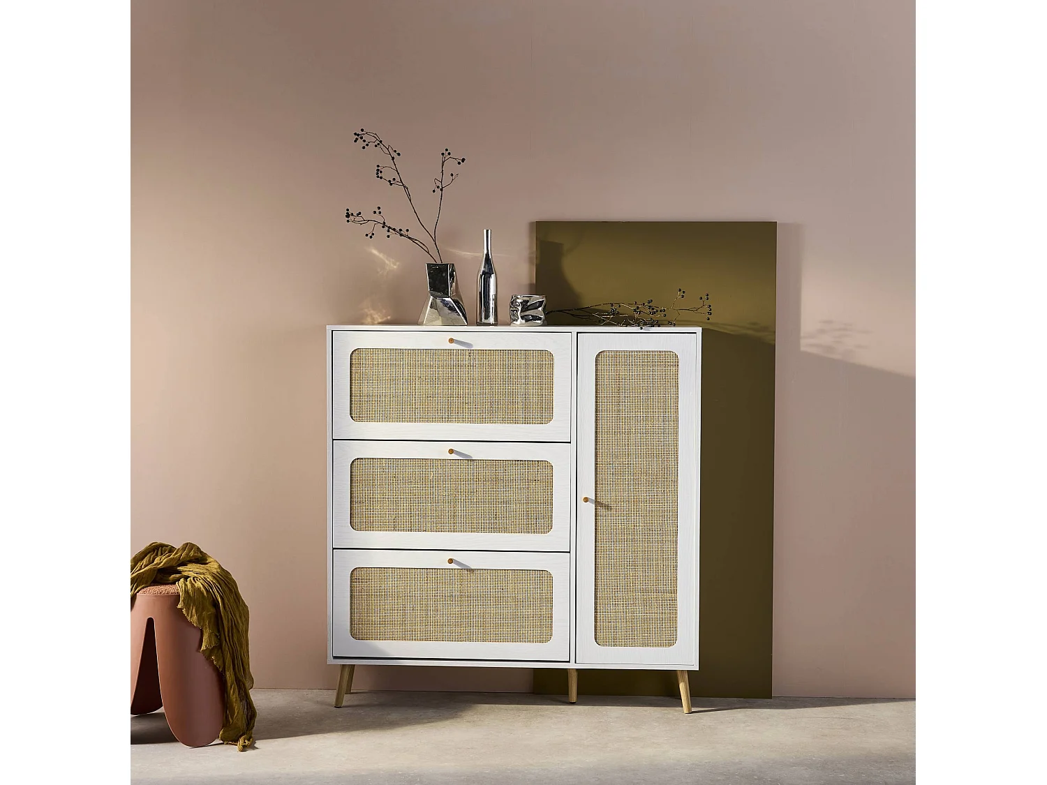 Mueble para zapatos de caña con 3 cajones blanco roto