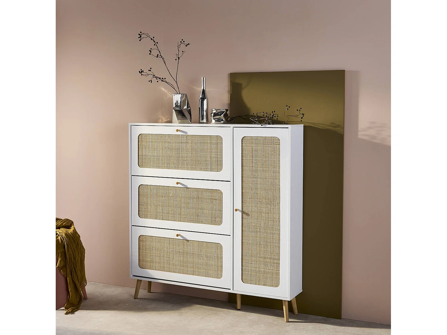 Mueble para zapatos de caña con 3 cajones blanco roto