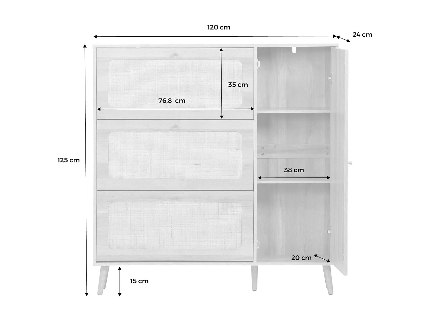 Meuble à chaussure cannage Bohème blanc. 3 abattants. 1 porte. 21 paires. 120 x 24 x 125 cm