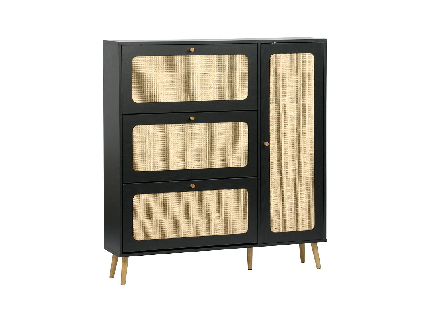 Meuble à chaussure cannage Bohème noir. 3 tiroirs. 1 porte. 21 paires. 120 x 24 x 125 cm
