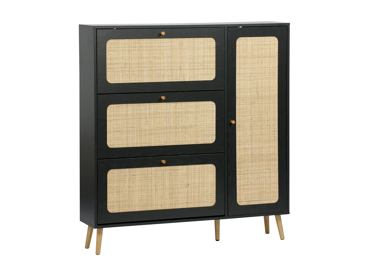 Scarpiera con decoro in legno e canna, 3 ante, nero